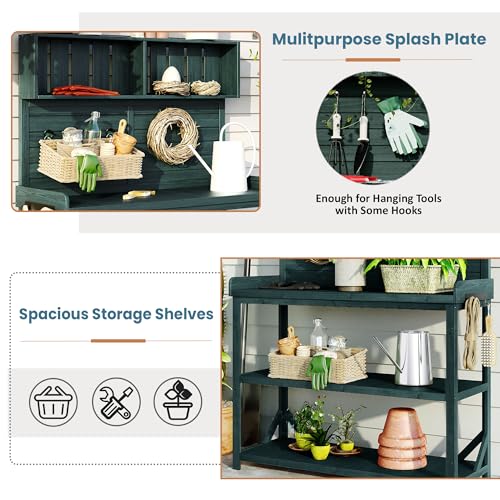 Green Wooden Potting Bench Table with Storage Shelves U86251