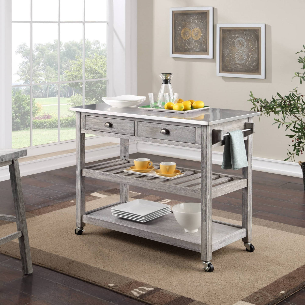 Storm Gray Wire-Brush Kitchen Cart with Stainless Steel Top U761