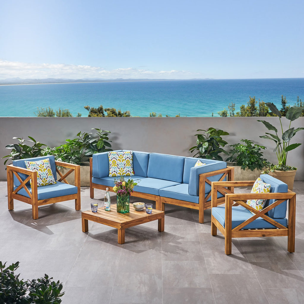 Teak and Blue Acacia Wood 5 Seater Sofa Chat Set O582766