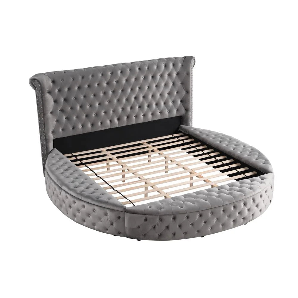 King Size Tufted Velvet Round Bed with Storage in Gray N792000