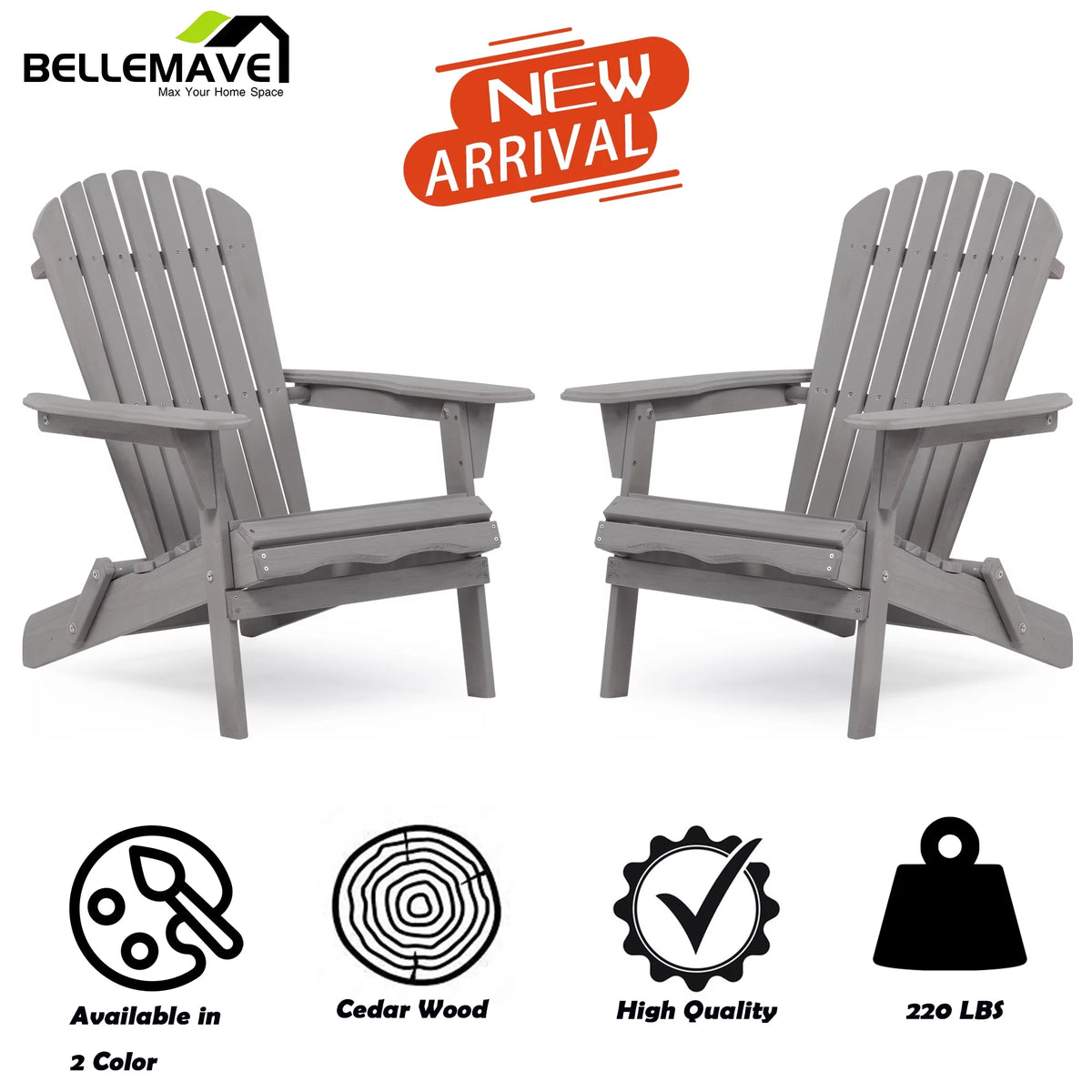 Gray Set of 2 Cedar Wood Folding Adirondack Chair H414666