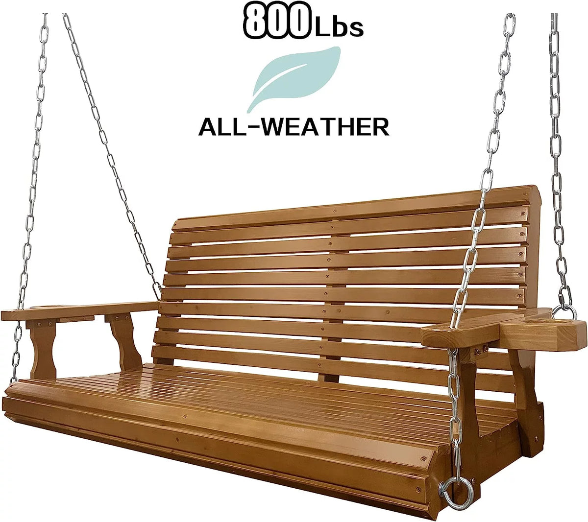 Brown 2 Seater Wooden Porch Swing with Cupholders O384055
