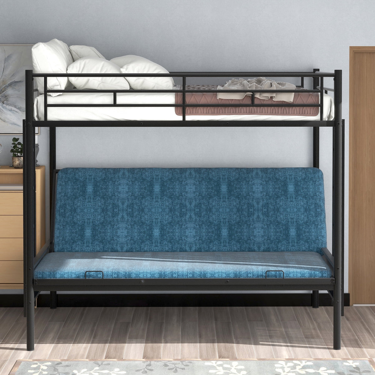 Black Twin Size Metal Loft Bed with Convertible Lower Bed P7135